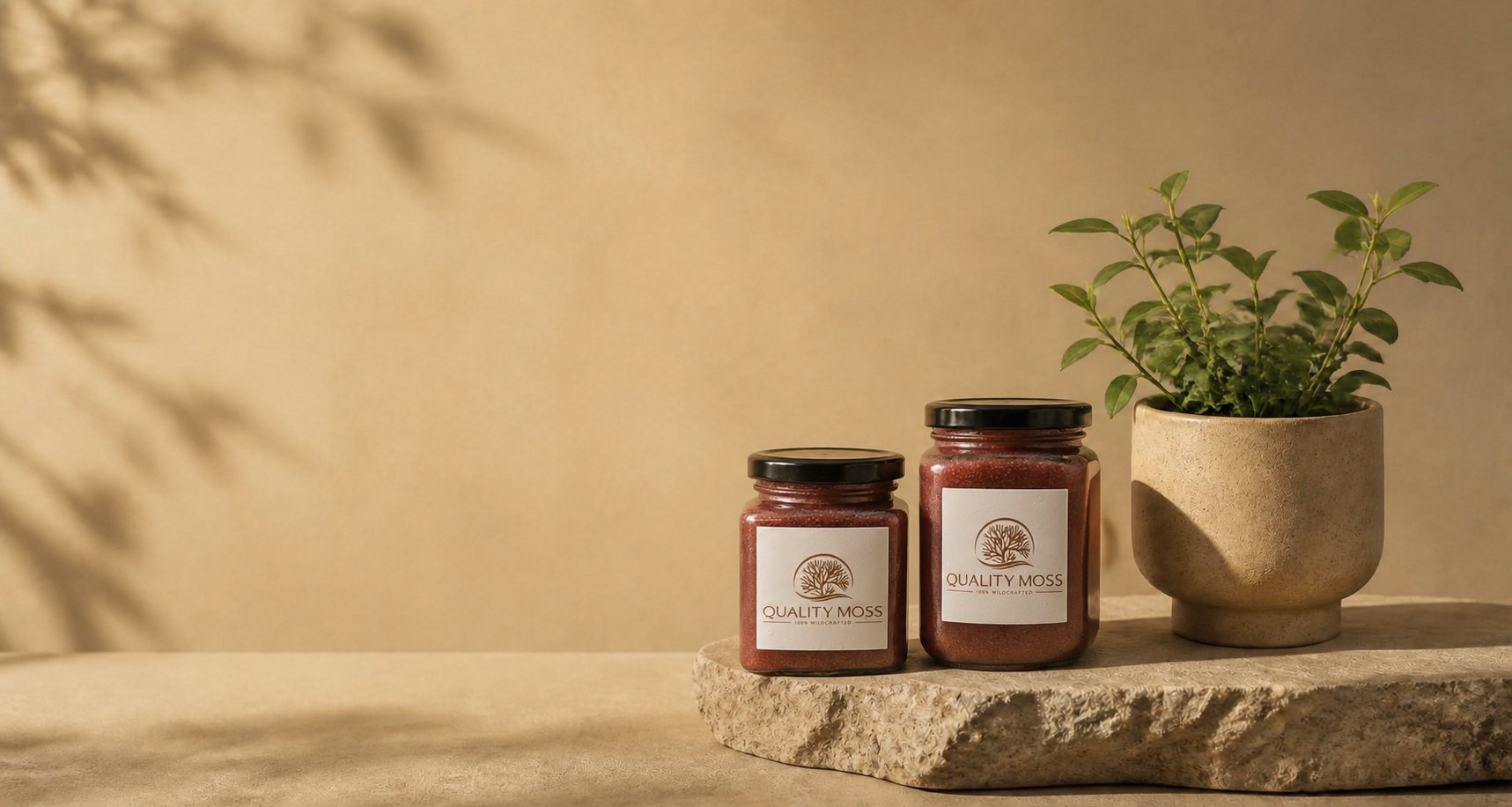 Quality Moss wildcrafted sea moss gel in glass jars on a stone slab beside a potted plant
