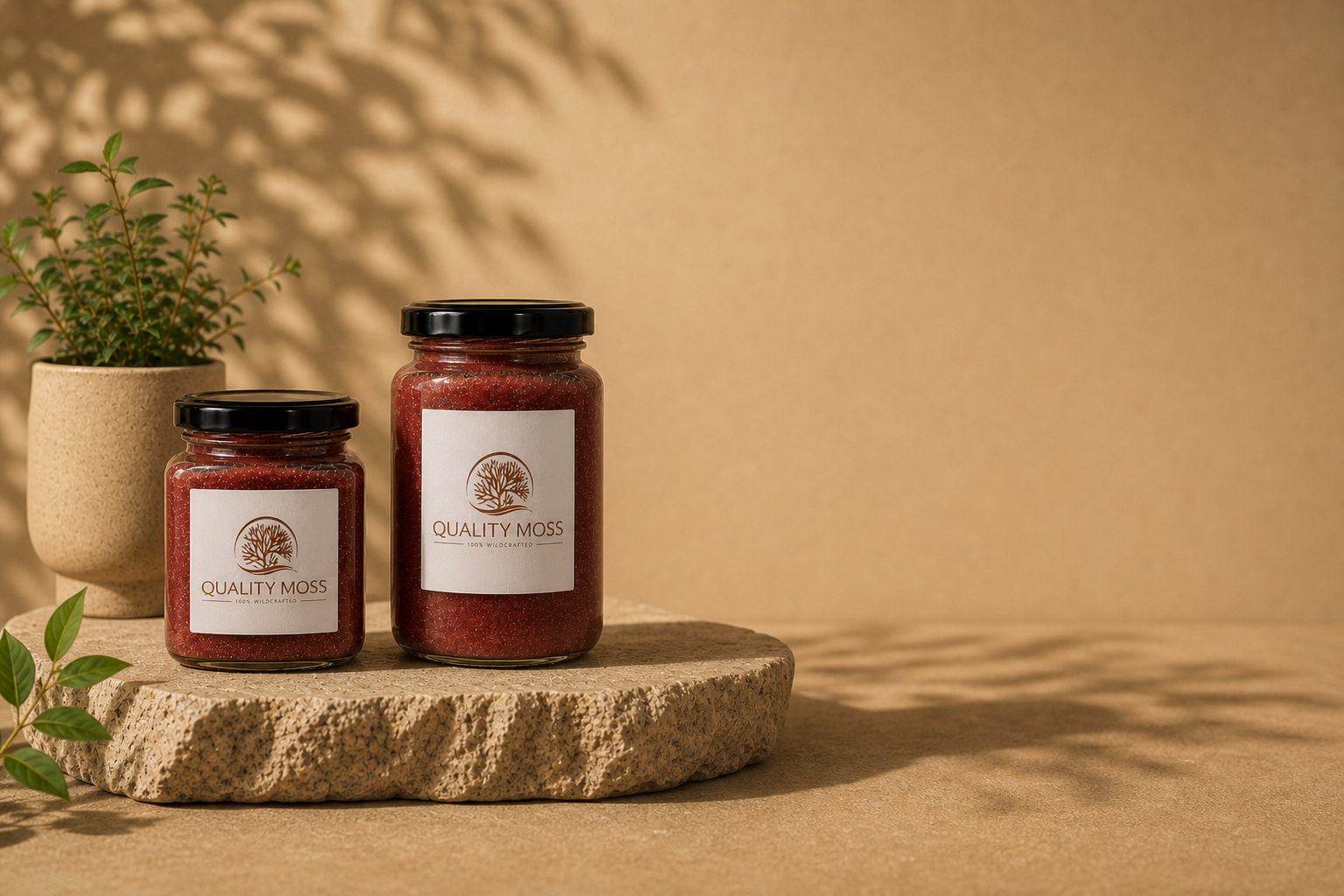 Quality Moss sea moss gel jars on a warm stone display with tropical plants